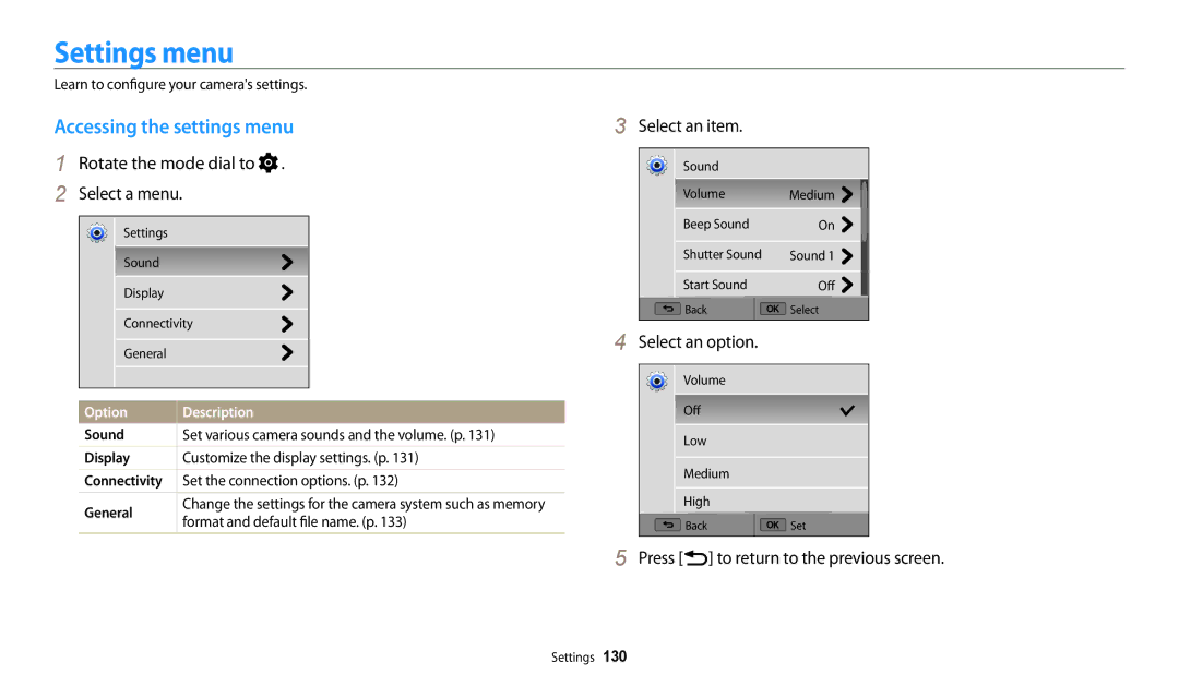 Samsung EC-WB201FBDWE1 Settings menu, Accessing the settings menu, Rotate the mode dial to Select a menu, Select an item 