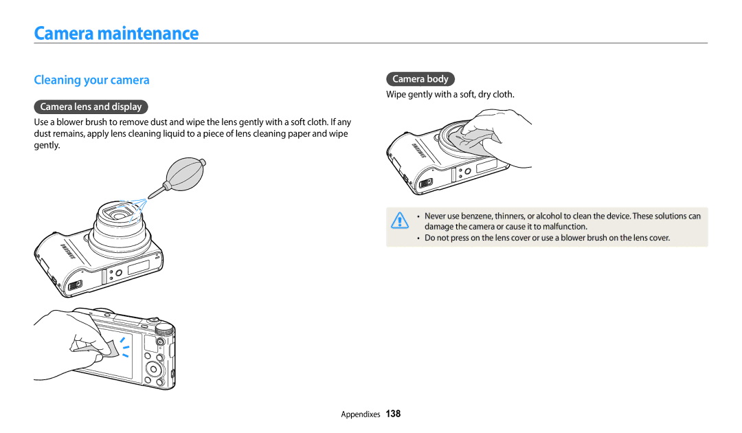 Samsung EC-WB200FBPRE1, EC-WB202FBDBFR manual Camera maintenance, Cleaning your camera, Camera lens and display, Camera body 