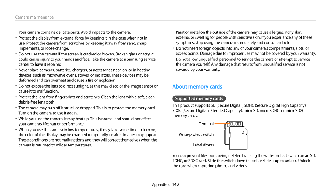 Samsung EC-WB200FBPBE1, EC-WB202FBDBFR, EC-WB201FBDWE1, EC-WB200FBPRFR manual About memory cards, Supported memory cards 