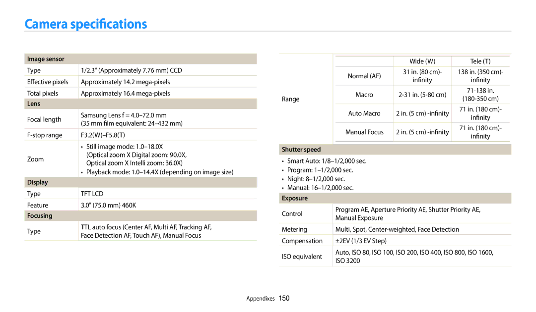 Samsung EC-WB200FBPWKZ, EC-WB202FBDBFR, EC-WB201FBDWE1 manual Camera specifications, Image sensor, Focusing, Exposure 