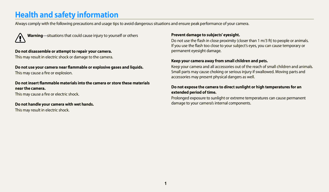 Samsung EC-WB200FBPRFR, EC-WB202FBDBFR Health and safety information, Do not disassemble or attempt to repair your camera 