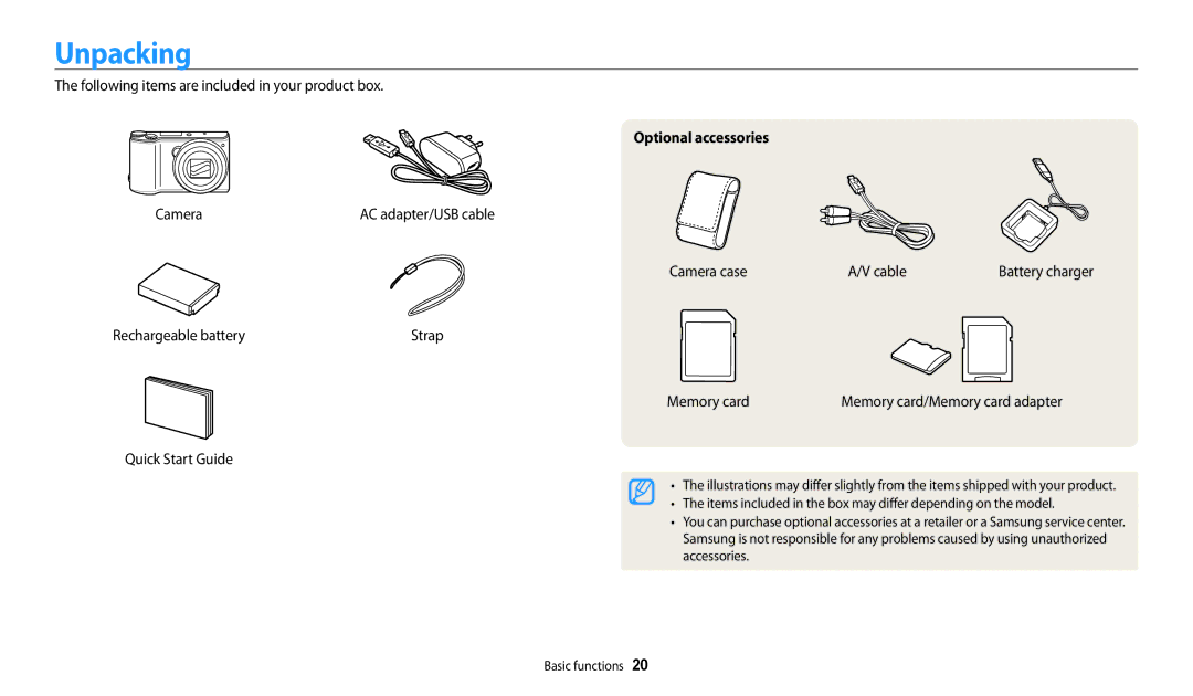 Samsung EC-WB200FBPWKZ, EC-WB202FBDBFR, EC-WB201FBDWE1, EC-WB200FBPRFR, EC-WB200FBPBFR manual Unpacking, Optional accessories 