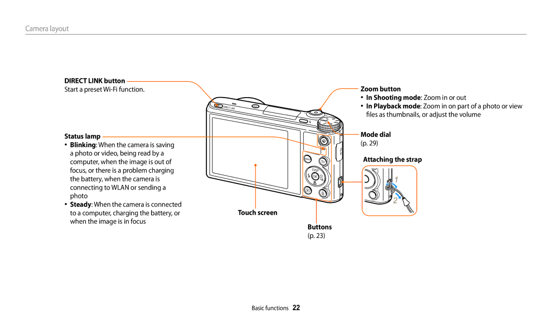 Samsung EC-WB200FBPWRU manual Direct Link button, Start a preset Wi-Fi function, Status lamp, Attaching the strap Buttons 