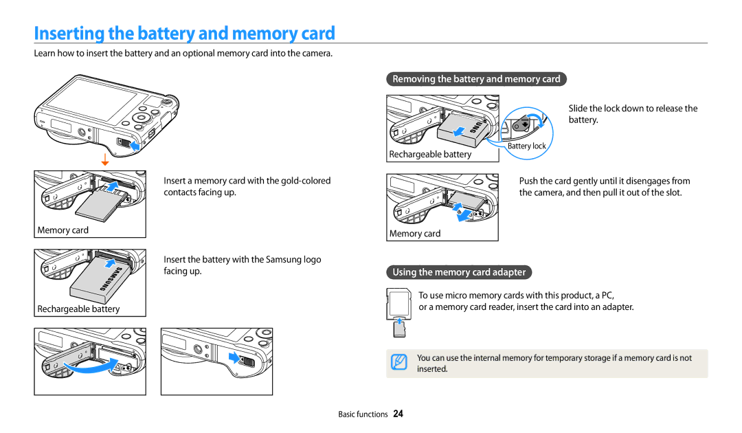 Samsung EC-WB200FBPWE2, EC-WB202FBDBFR manual Inserting the battery and memory card, Removing the battery and memory card 