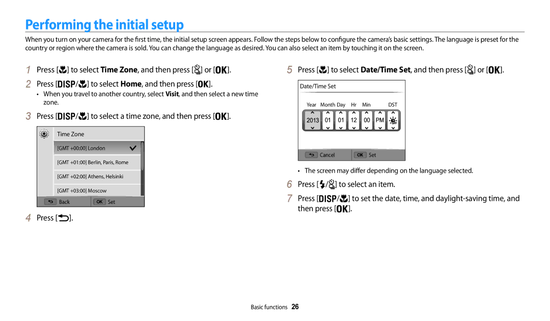 Samsung EC-WB201FBDWE1, EC-WB202FBDBFR manual Performing the initial setup, Press to select Date/Time Set, and then press or 