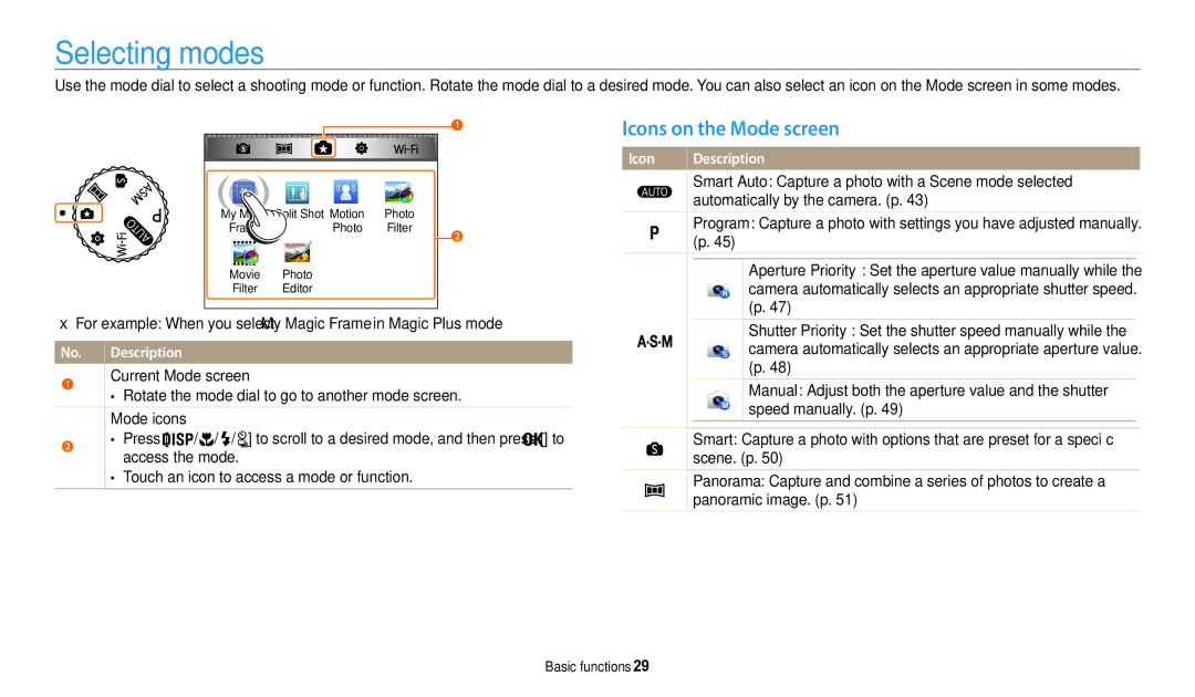 Samsung EC-WB202FBDWFR, EC-WB202FBDBFR, EC-WB201FBDWE1, EC-WB200FBPRFR manual Selecting modes, Icons on the Mode screen 