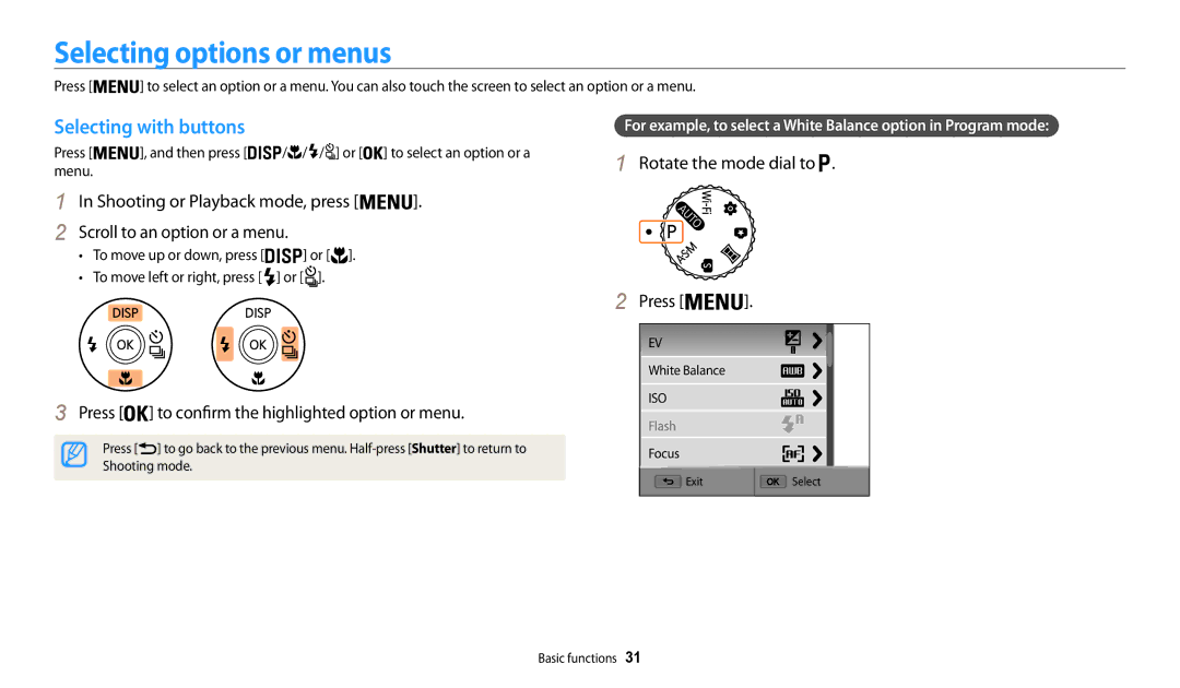 Samsung EC-WB200FBPWE3, EC-WB202FBDBFR Selecting options or menus, Selecting with buttons, Scroll to an option or a menu 