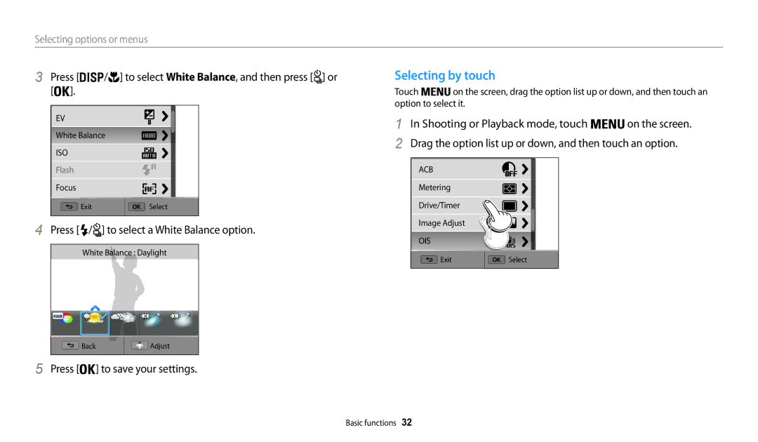 Samsung EC-WB200FBPWE1 Selecting by touch, Press / to select White Balance, and then press or, Press to save your settings 