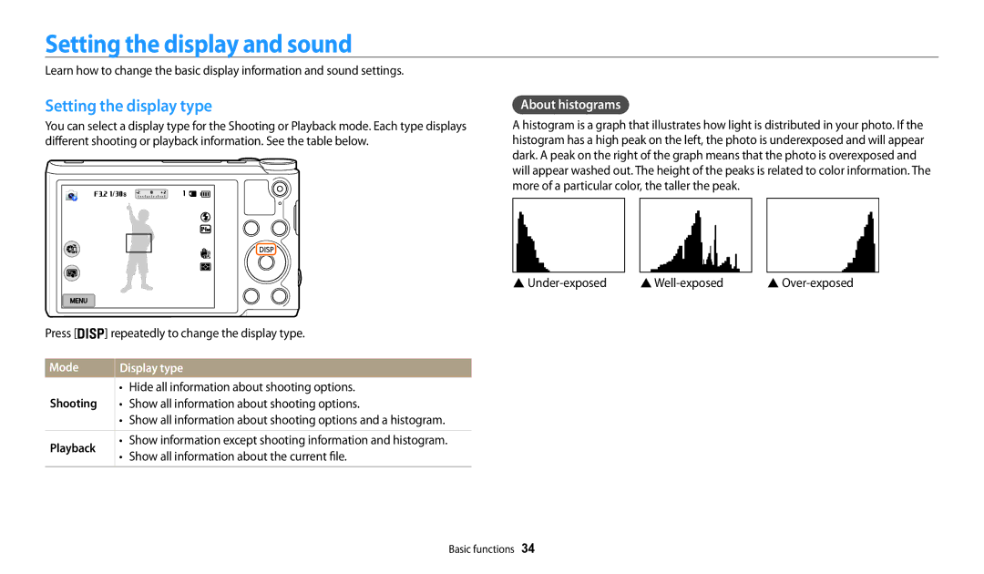 Samsung EC-WB200FBPRE1 manual Setting the display and sound, Setting the display type, About histograms, Mode, Playback 