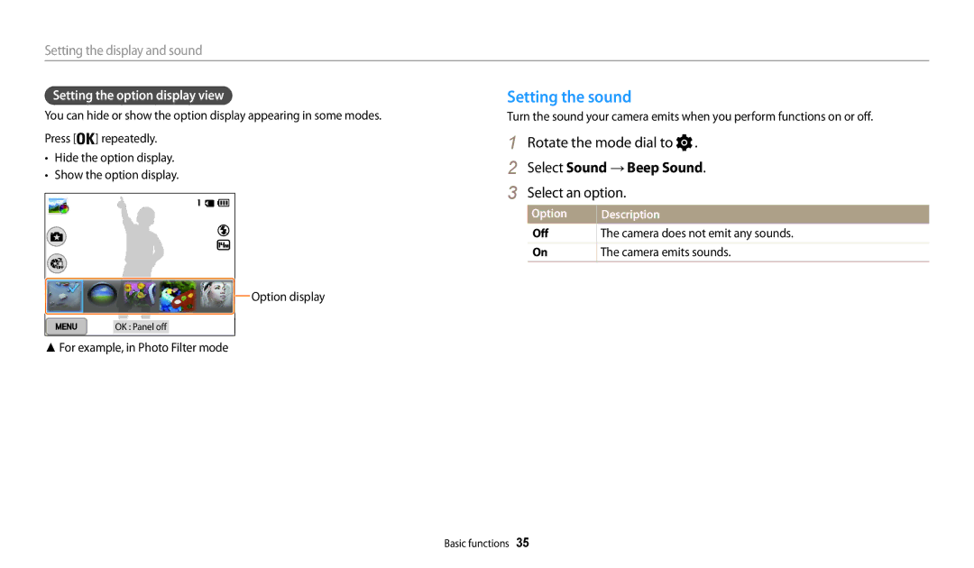 Samsung EC-WB200FBPBIL Setting the sound, Select Sound → Beep Sound, Select an option, Setting the option display view 