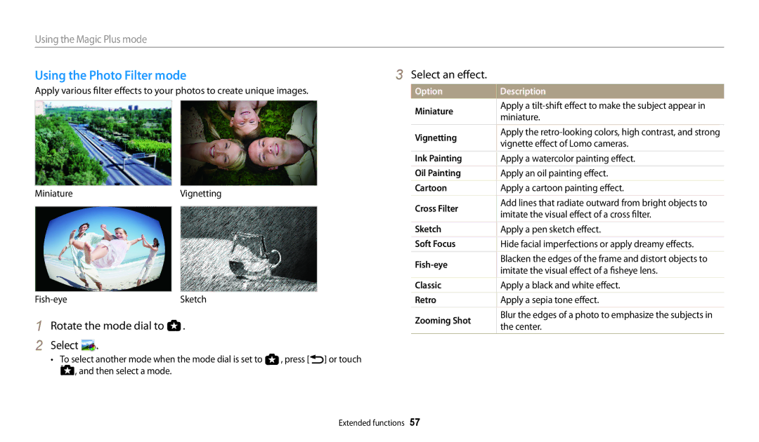 Samsung EC-WB200FBPWE3, EC-WB202FBDBFR, EC-WB201FBDWE1, EC-WB200FBPRFR manual Using the Photo Filter mode, Select an effect 