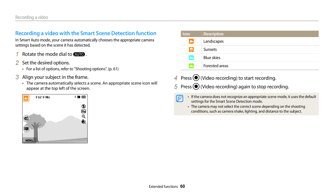 Samsung EC-WB200FBPRE1, EC-WB202FBDBFR, EC-WB201FBDWE1 manual Recording a video with the Smart Scene Detection function 