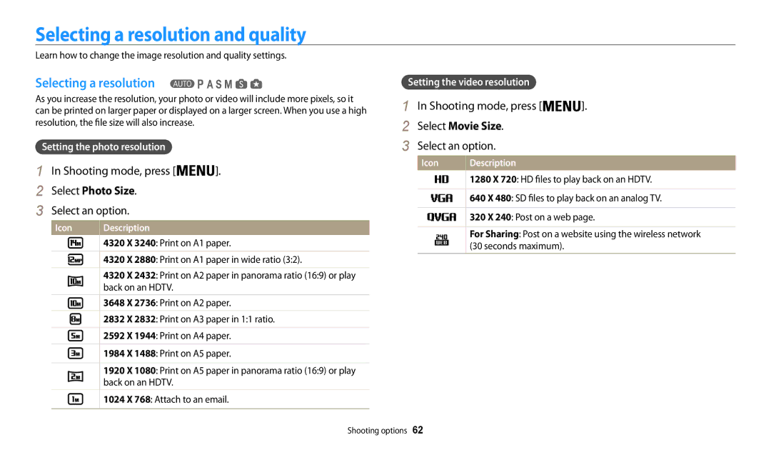 Samsung EC-WB200FBPBE1, EC-WB202FBDBFR manual Selecting a resolution and quality, Select Photo Size, Select Movie Size 