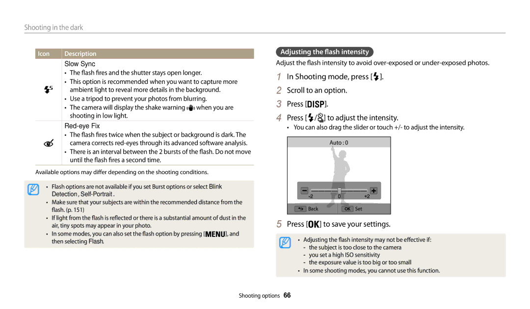 Samsung EC-WB200FBDWSA manual Shooting mode, press Scroll to an option Press, Adjusting the flash intensity, Slow Sync 