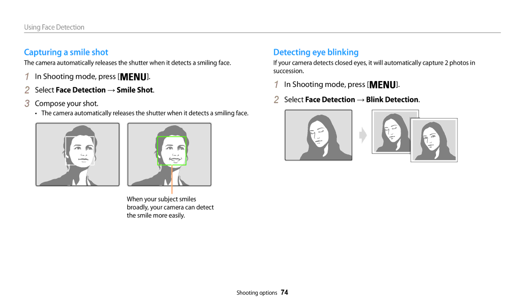 Samsung EC-WB200FBPWRU, EC-WB202FBDBFR Capturing a smile shot, Detecting eye blinking, Select Face Detection → Smile Shot 