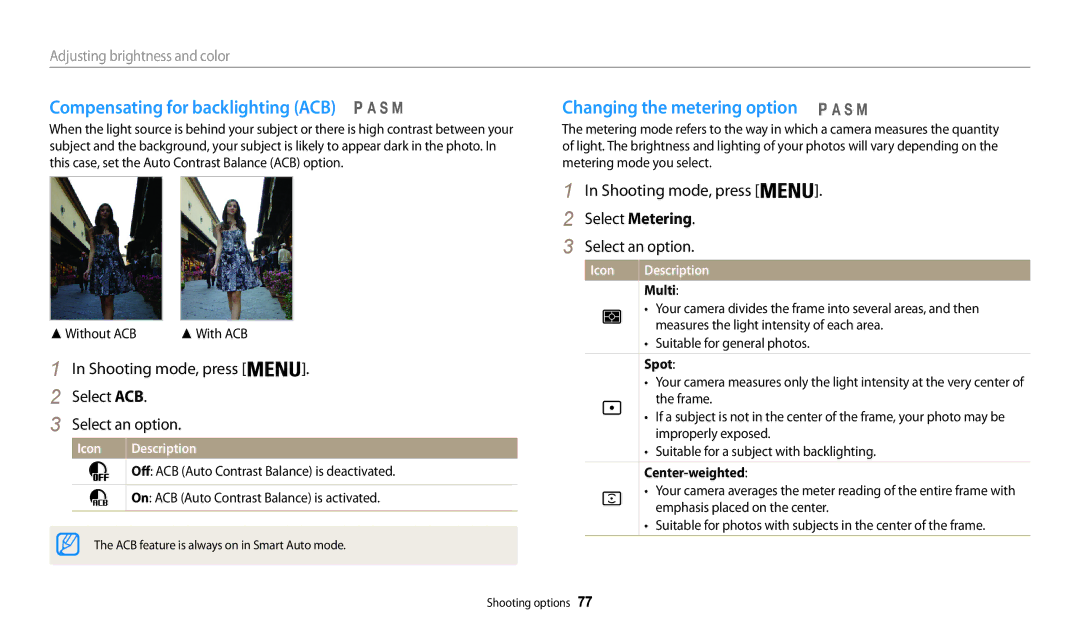 Samsung EC-WB202FBDBFR, EC-WB201FBDWE1, EC-WB200FBPRFR manual Compensating for backlighting ACB, Changing the metering option 