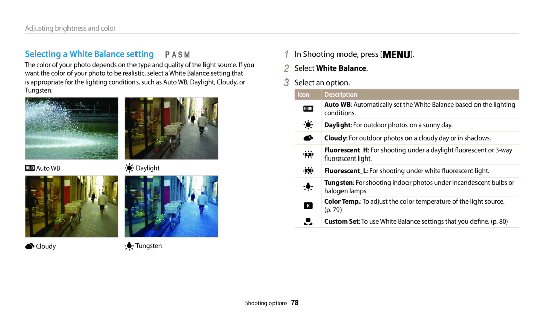 Samsung EC-WB201FBDWE1, EC-WB202FBDBFR, EC-WB200FBPRFR manual Selecting a White Balance setting, Select White Balance 