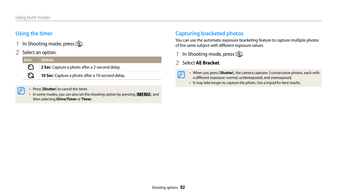Samsung EC-WB200FBPWFR, EC-WB202FBDBFR manual Using the timer, Capturing bracketed photos, Select AE Bracket, Icon Option 