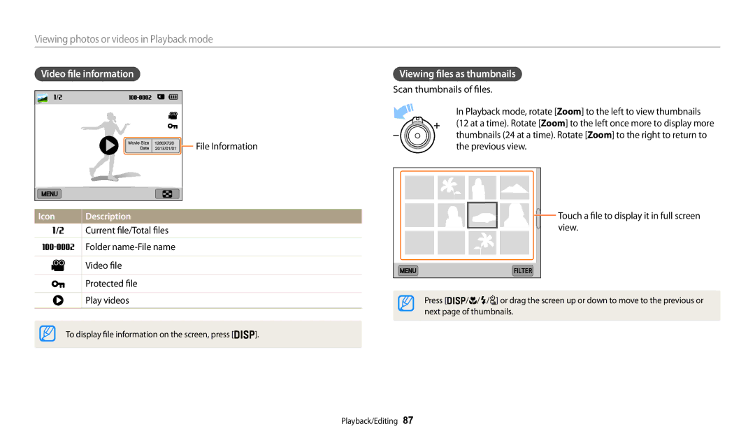 Samsung EC-WB200FBPBIL, EC-WB202FBDBFR manual Video file information, Viewing files as thumbnails, Current file/Total files 