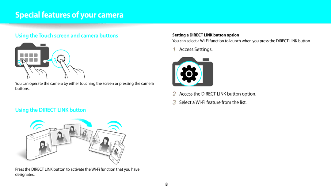 Samsung EC-WB200FBPRE1, EC-WB202FBDBFR, EC-WB201FBDWE1 Special features of your camera, Setting a Direct Link button option 