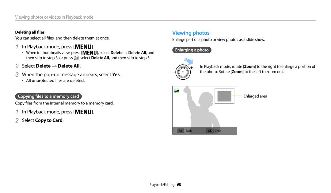 Samsung EC-WB200FBDRSA Viewing photos, Select Delete → Delete All, Select Copy to Card, Copying files to a memory card 