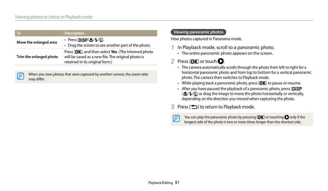 Samsung EC-WB200FDPBM3 manual Playback mode, scroll to a panoramic photo, Press Or touch, Press to return to Playback mode 