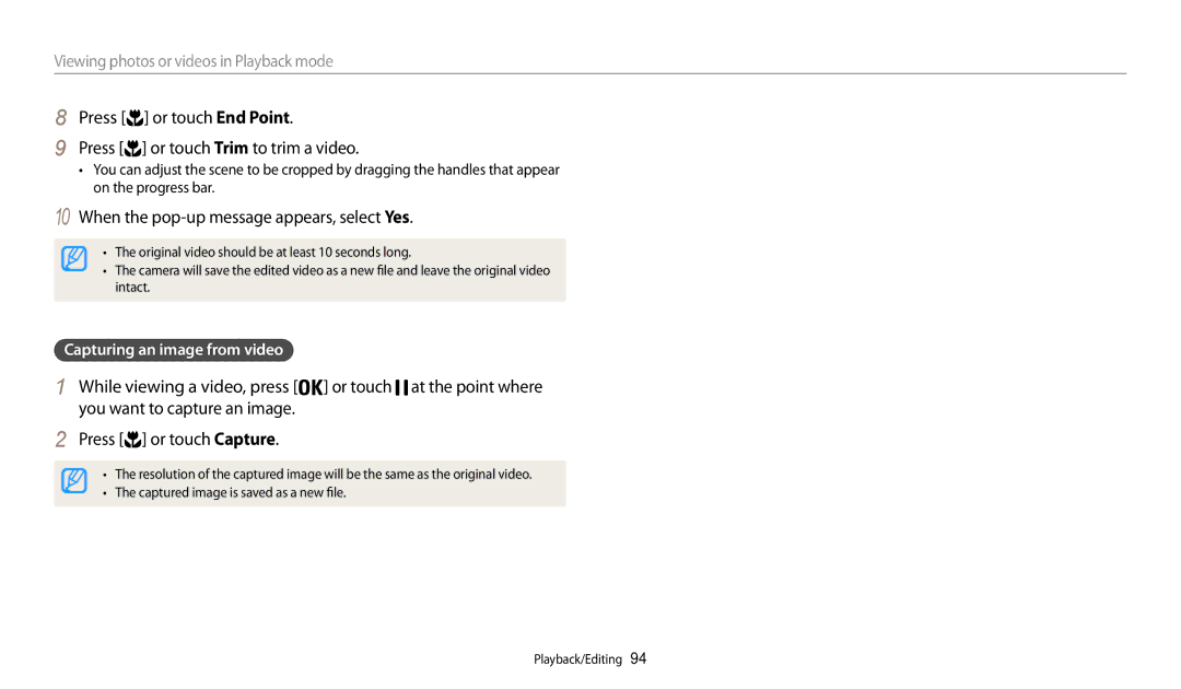 Samsung EC-WB200FBPRE3 manual Press Or touch End Point, Capturing an image from video, Or touch Trim to trim a video 