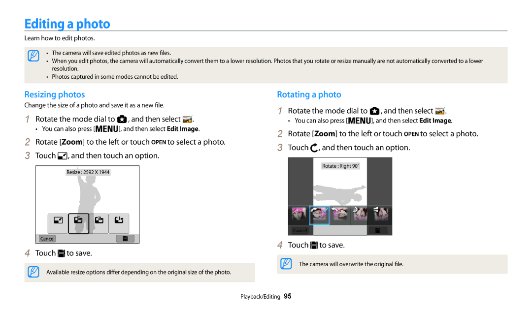 Samsung EC-WB200FBPBE3, EC-WB202FBDBFR, EC-WB201FBDWE1, EC-WB200FBPRFR Editing a photo, Resizing photos, Rotating a photo 