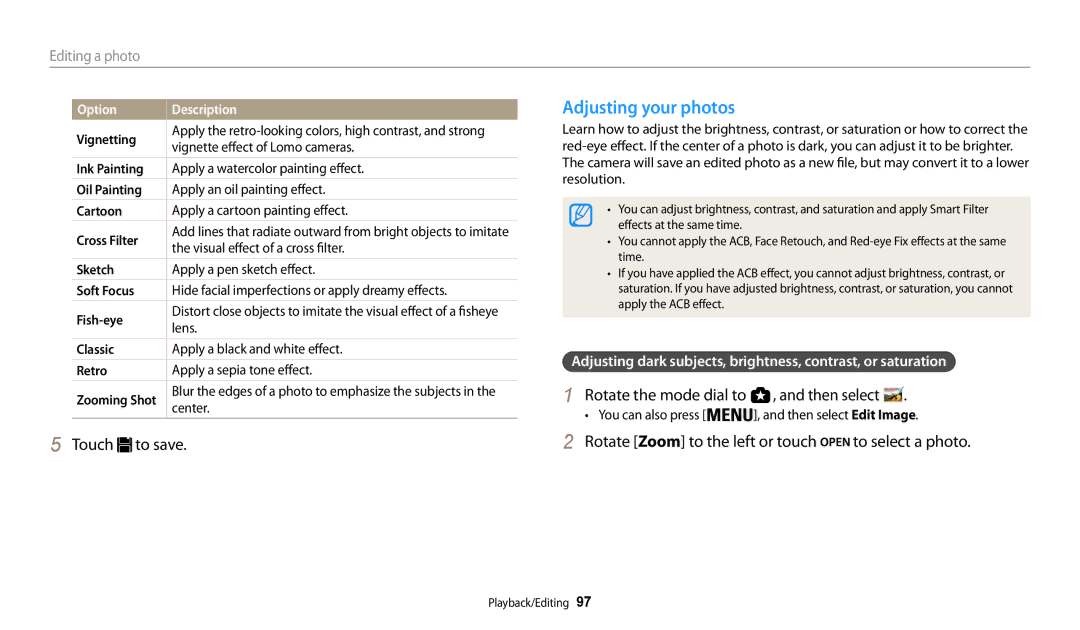 Samsung EC-WB200FBPBKZ Adjusting your photos, Rotate Zoom to the left or touch to select a photo, Ink Painting, Sketch 