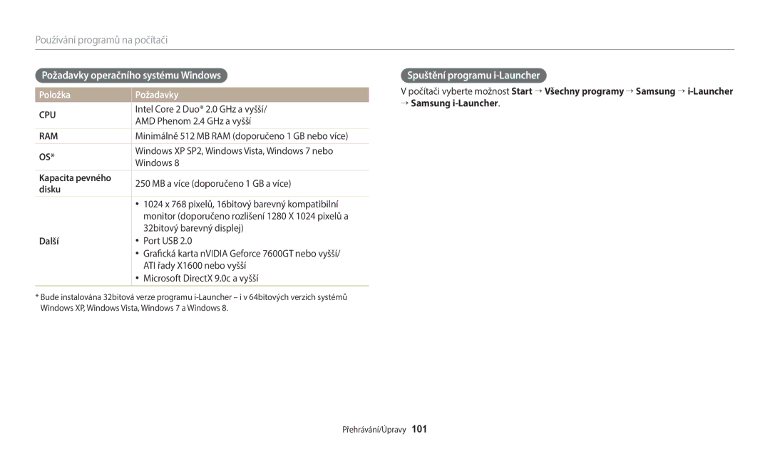 Samsung EC-WB2100BPBE3 manual Požadavky operačního systému Windows, Spuštění programu i-Launcher, Položka Požadavky 