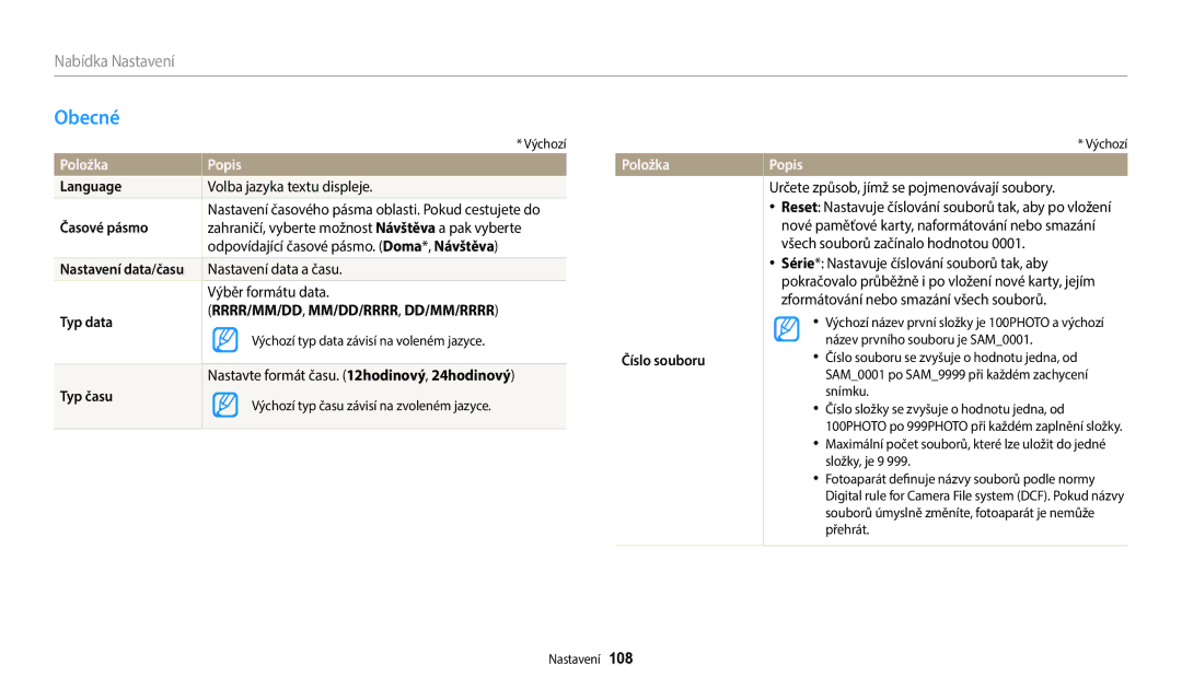 Samsung EC-WB2100BPBE3 manual Obecné, Language, Časové pásmo, Typ data, Typ času 