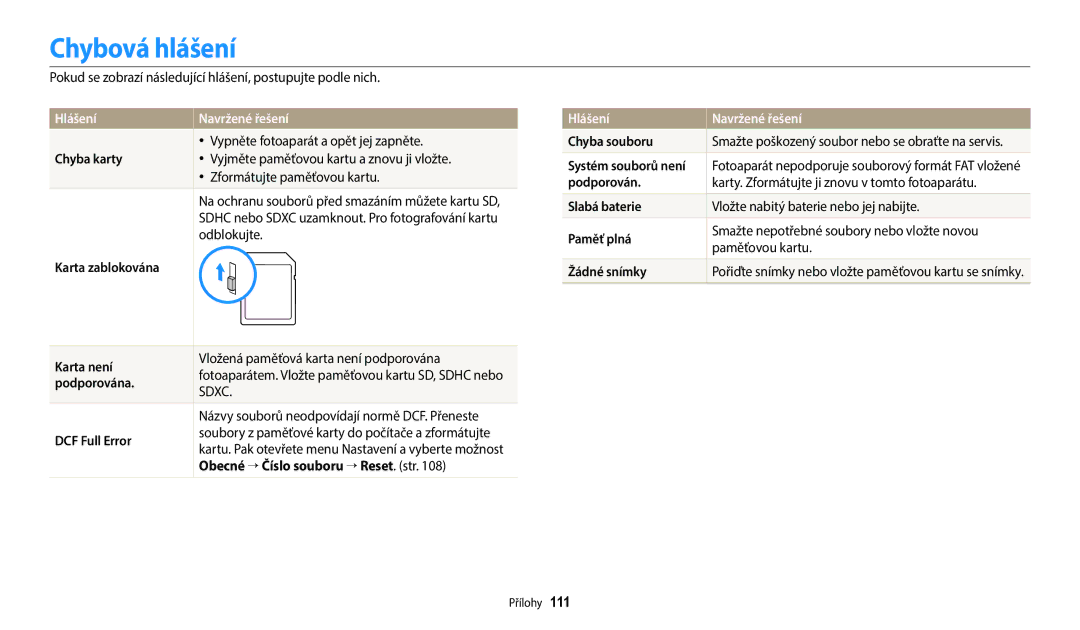 Samsung EC-WB2100BPBE3 manual Chybová hlášení, Hlášení Navržené řešení 