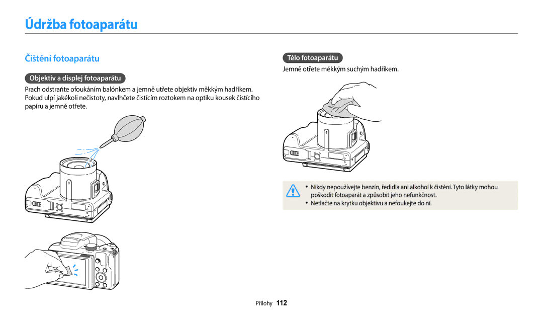 Samsung EC-WB2100BPBE3 manual Údržba fotoaparátu, Čištění fotoaparátu, Objektiv a displej fotoaparátu, Tělo fotoaparátu 