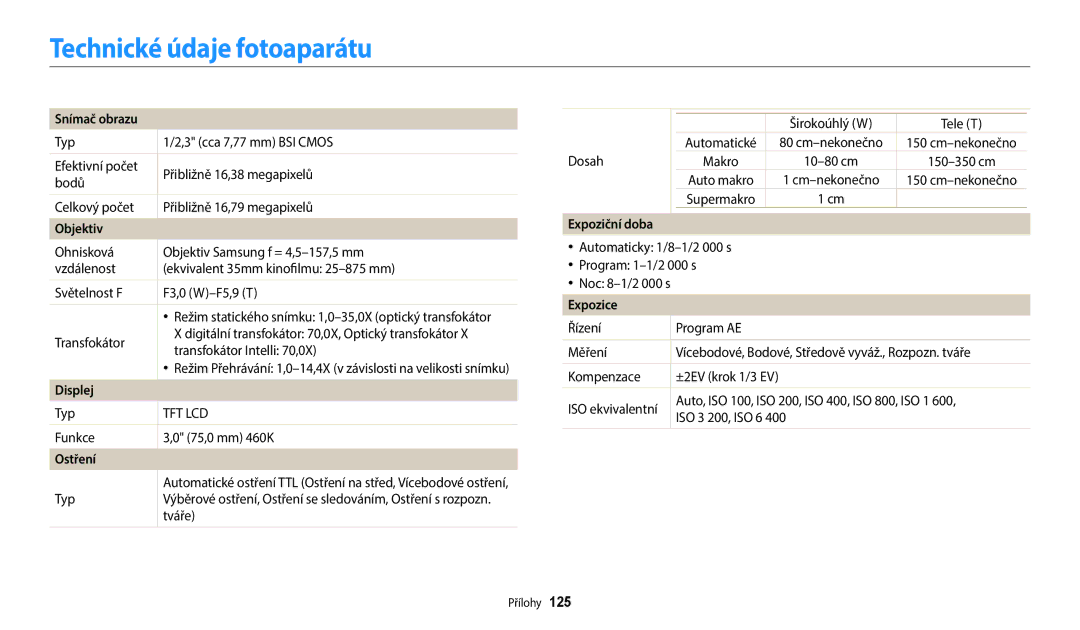 Samsung EC-WB2100BPBE3 manual Technické údaje fotoaparátu 