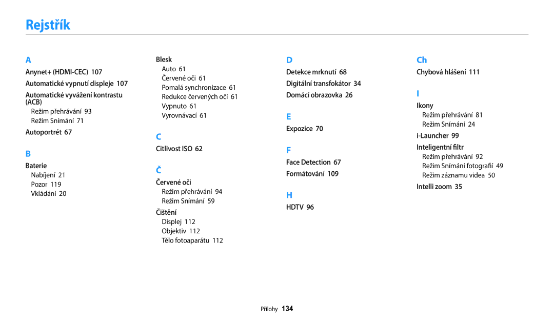 Samsung EC-WB2100BPBE3 manual Rejstřík, Režim přehrávání Režim Snímání, Nabíjení Pozor Vkládání 