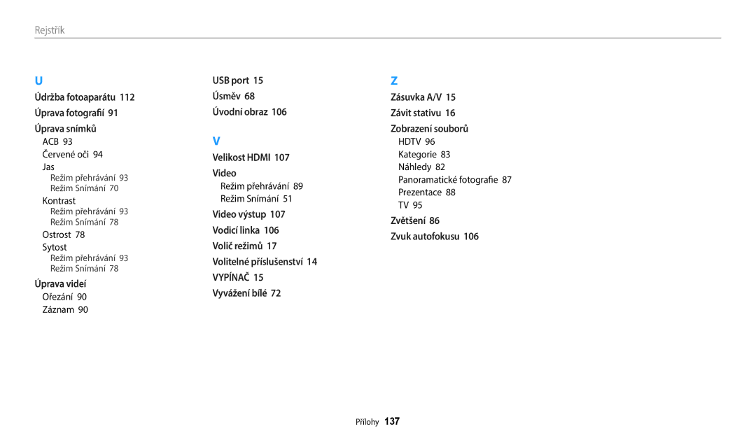 Samsung EC-WB2100BPBE3 manual ACB 93 Červené oči 94 Jas, Ostrost Sytost, Ořezání Záznam 