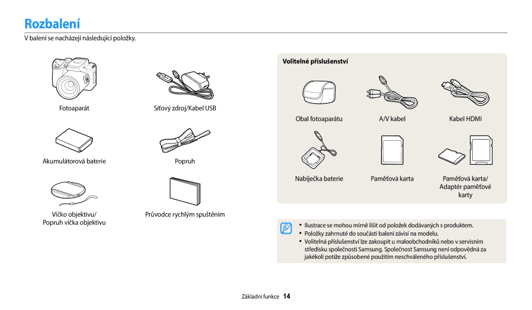 Samsung EC-WB2100BPBE3 manual Rozbalení, Volitelné příslušenství 