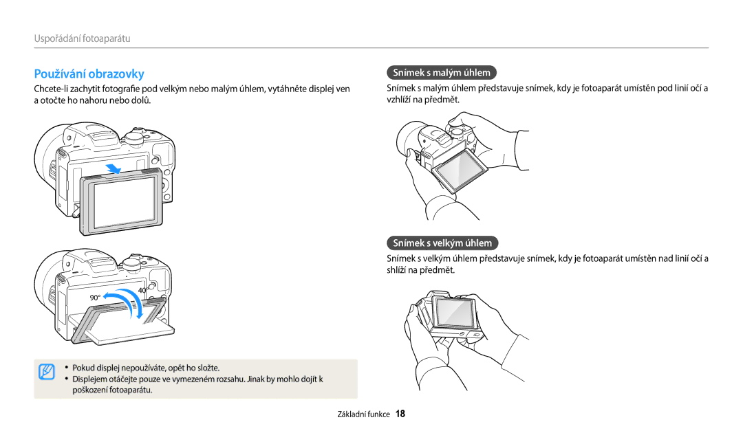 Samsung EC-WB2100BPBE3 manual Používání obrazovky, Snímek s malým úhlem, Snímek s velkým úhlem 