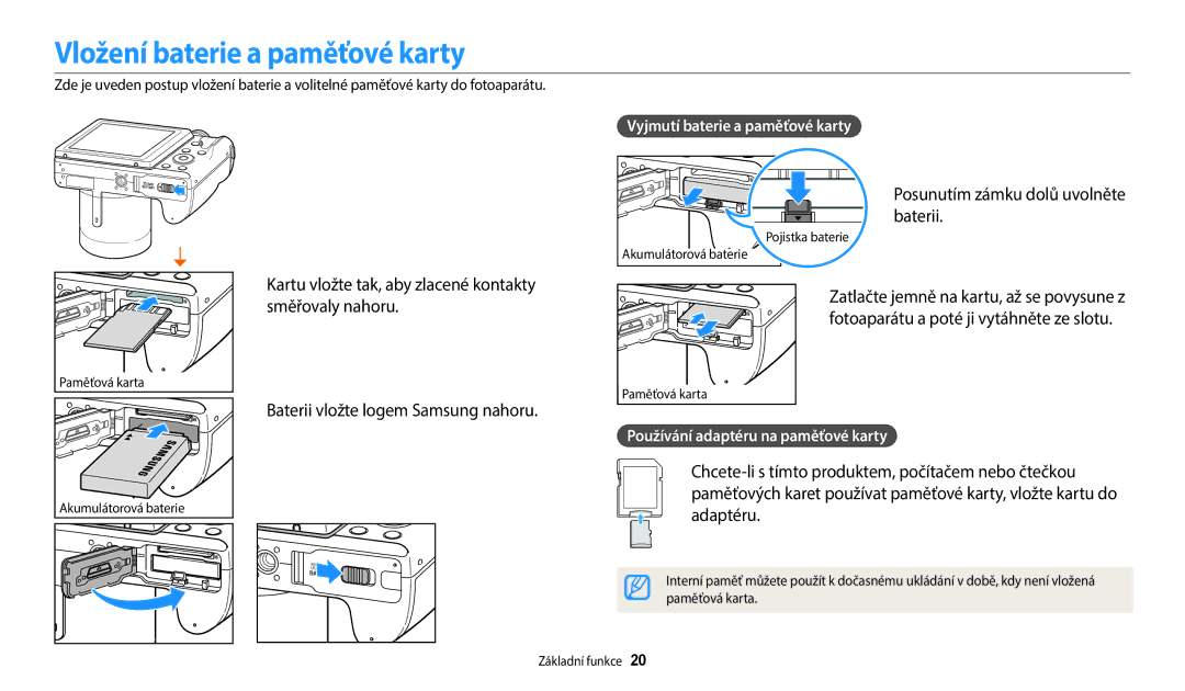 Samsung EC-WB2100BPBE3 manual Vložení baterie a paměťové karty, Posunutím zámku dolů uvolněte baterii 