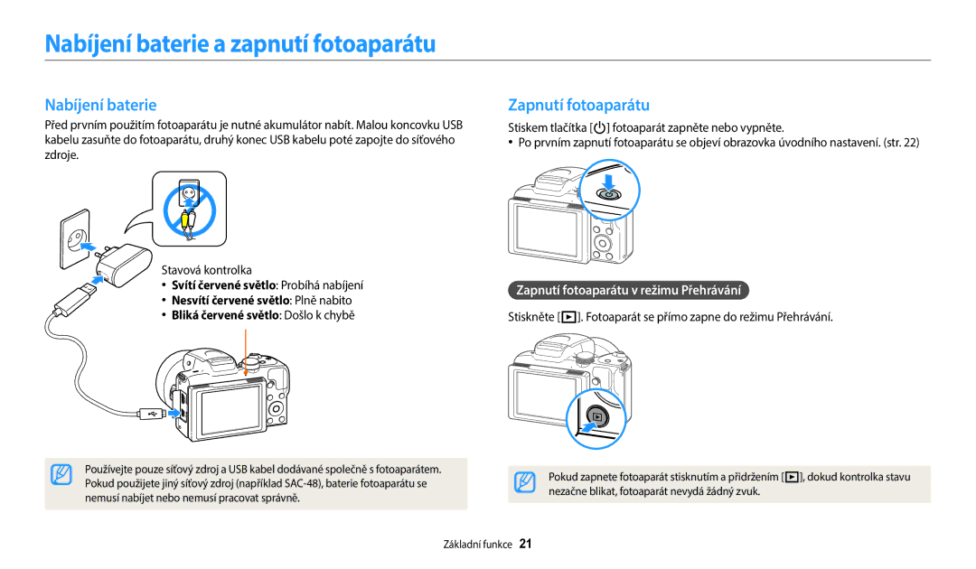 Samsung EC-WB2100BPBE3 manual Nabíjení baterie a zapnutí fotoaparátu, Zapnutí fotoaparátu 