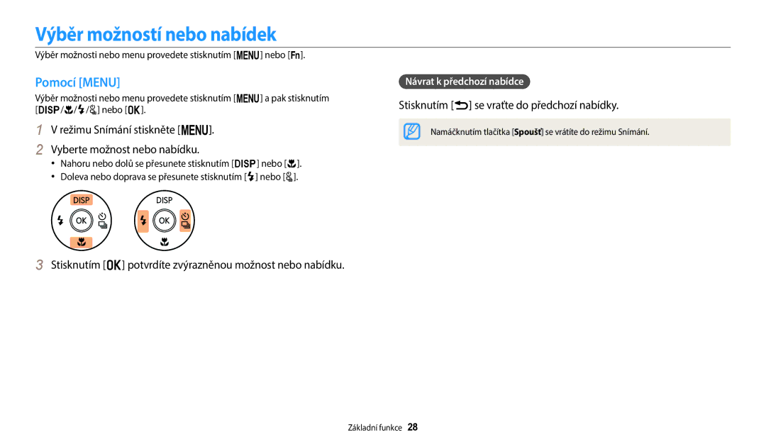 Samsung EC-WB2100BPBE3 Výběr možností nebo nabídek, Pomocí Menu, Režimu Snímání stiskněte m Vyberte možnost nebo nabídku 