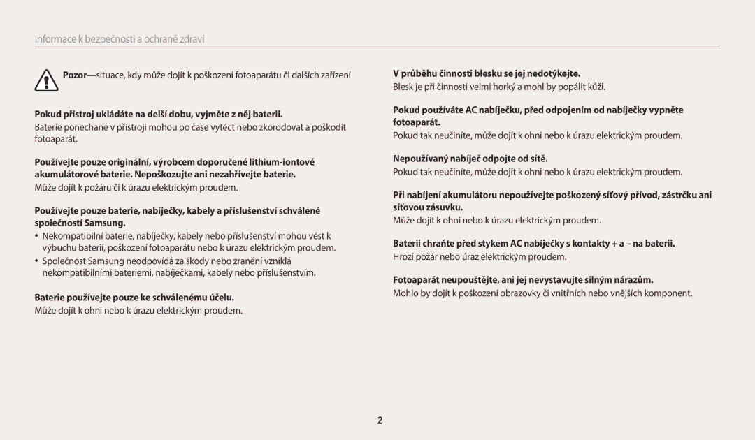 Samsung EC-WB2100BPBE3 manual Baterie používejte pouze ke schválenému účelu, Průběhu činnosti blesku se jej nedotýkejte 