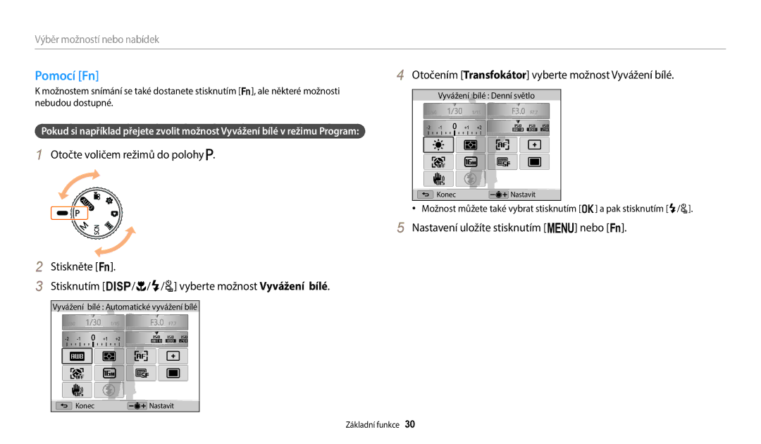 Samsung EC-WB2100BPBE3 manual Pomocí Fn, Otočením Transfokátor vyberte možnost Vyvážení bílé 