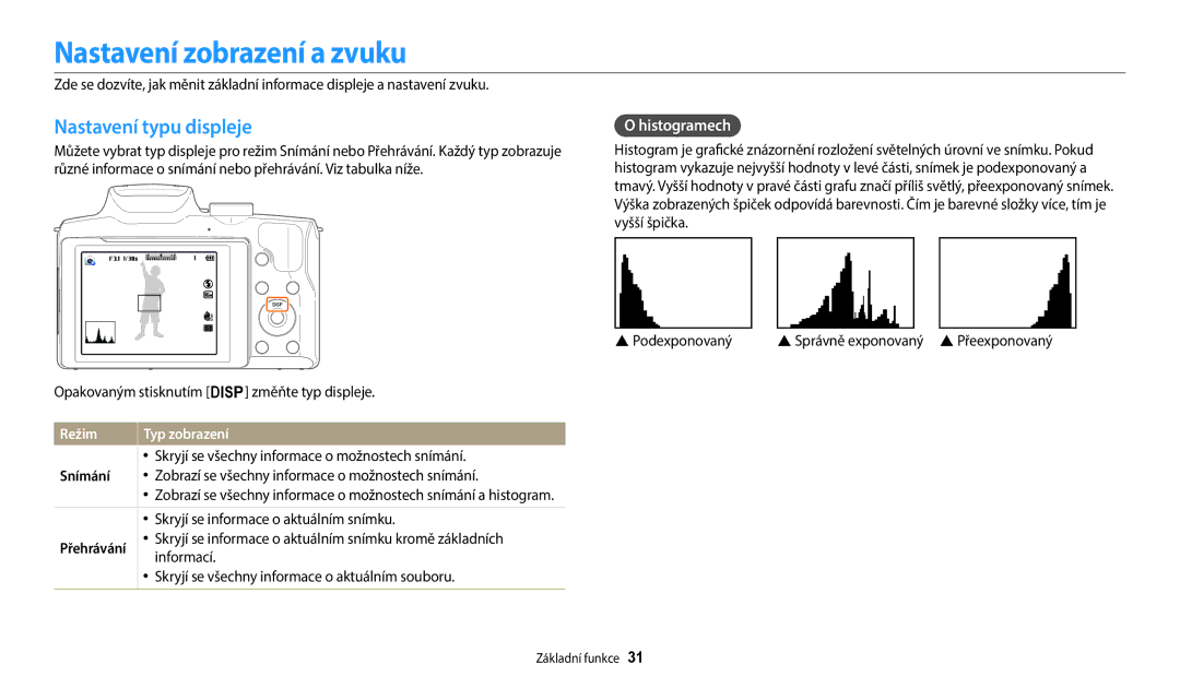 Samsung EC-WB2100BPBE3 manual Nastavení zobrazení a zvuku, Nastavení typu displeje, Histogramech, Režim, Přehrávání 