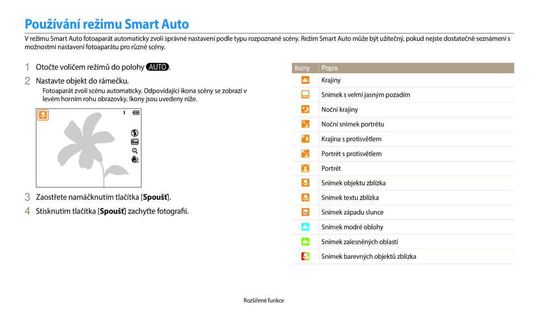 Samsung EC-WB2100BPBE3 manual Používání režimu Smart Auto, Otočte voličem režimů do polohy Nastavte objekt do rámečku 