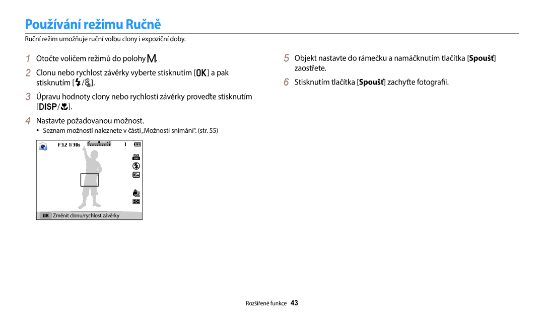 Samsung EC-WB2100BPBE3 manual Používání režimu Ručně, Ruční režim umožňuje ruční volbu clony i expoziční doby 