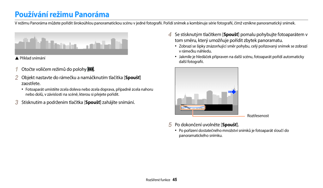 Samsung EC-WB2100BPBE3 manual Používání režimu Panoráma, Tom směru, který umožňuje pořídit zbytek panoramatu 