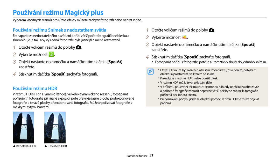 Samsung EC-WB2100BPBE3 Používání režimu Magický plus, Používání režimu Snímek s nedostatkem světla, Používání režimu HDR 