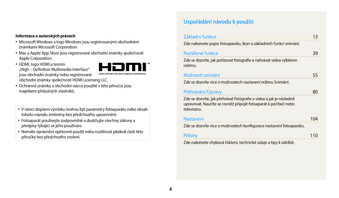 Samsung EC-WB2100BPBE3 manual Uspořádání návodu k použití, 104, Informace o autorských právech 