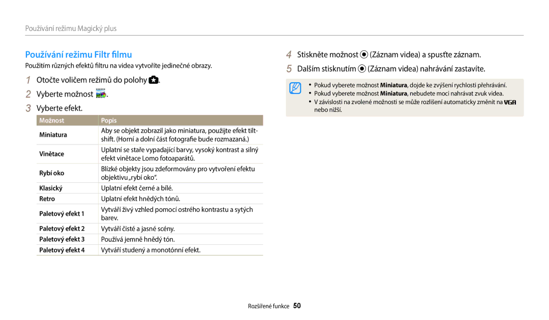 Samsung EC-WB2100BPBE3 manual Používání režimu Filtr filmu, Efekt vinětace Lomo fotoaparátů, Objektivu„rybí oko, Barev 